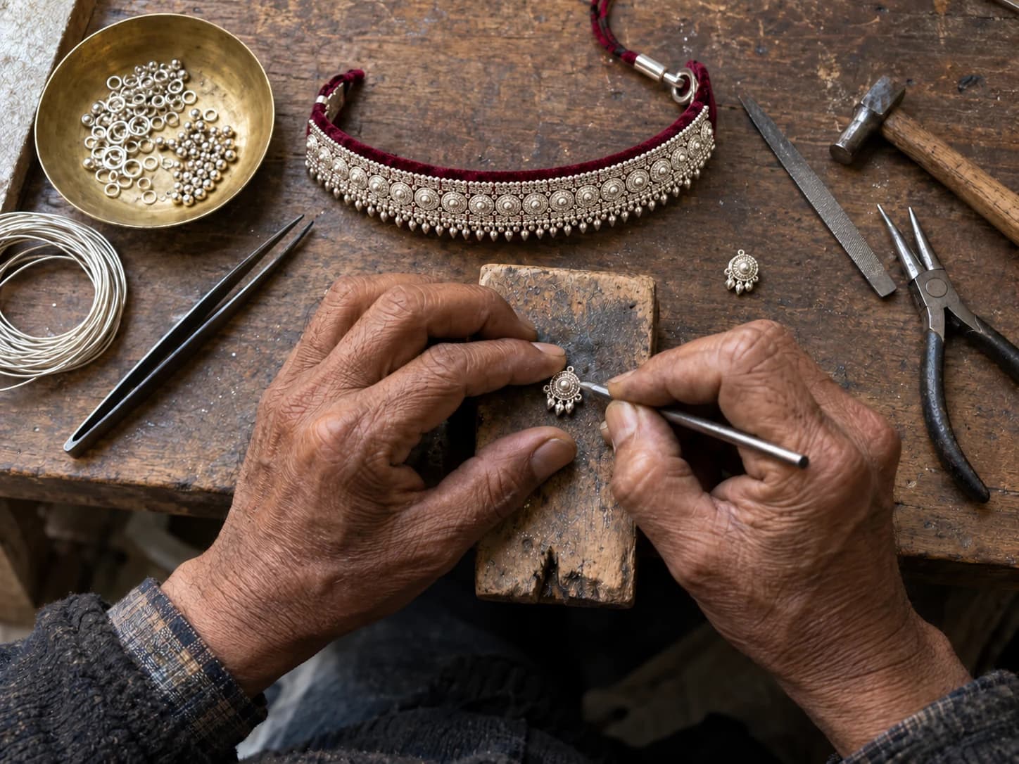Overhead view of an artisan engraving a silver Guloband component, with jewellery tools and materials on a wooden workbench