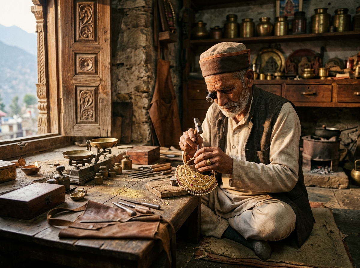 Master Pahari Sunar forging traditional 92.5 silver torque at mountain workbench